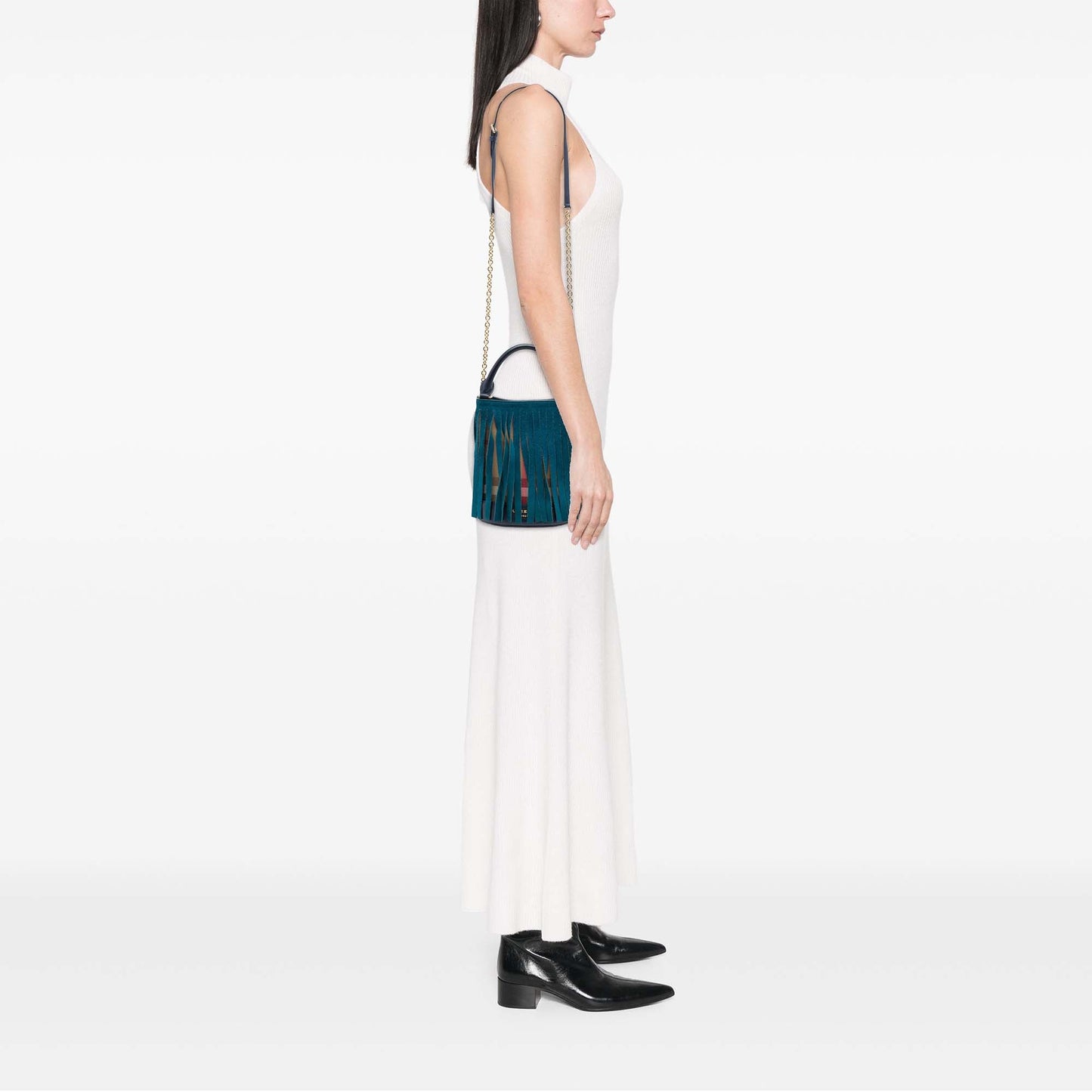 Burberry Prorsum House Check Canvas and Suede Fringe Bucket Bag