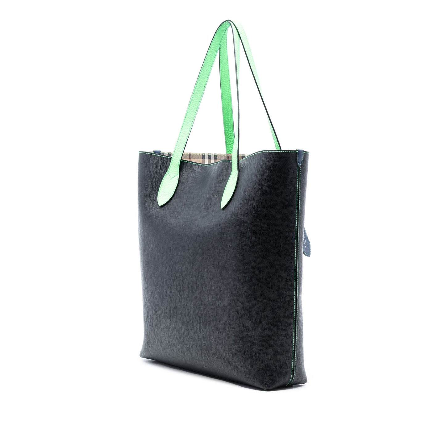 Burberry Grained Leather and Haymarket Check Coated Canvas Reversible North South Tote