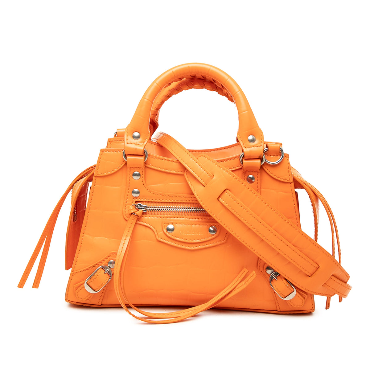 Balenciaga Mini Croc Embossed Calfskin Motocross Neo Classic City Satchel — Orange