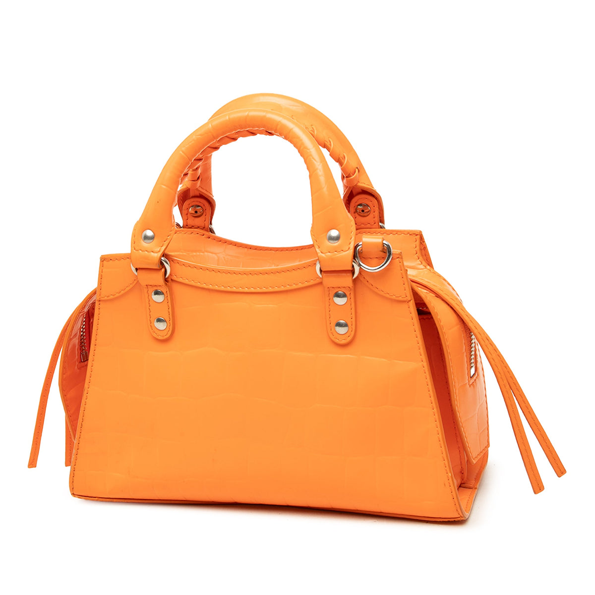 Balenciaga Mini Croc Embossed Calfskin Motocross Neo Classic City Satchel — Orange