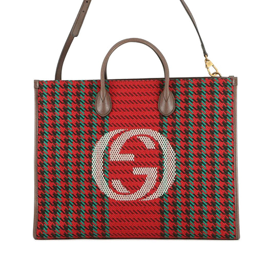 Gucci Interlocking G Tweed Houndstooth Stripe Satchel