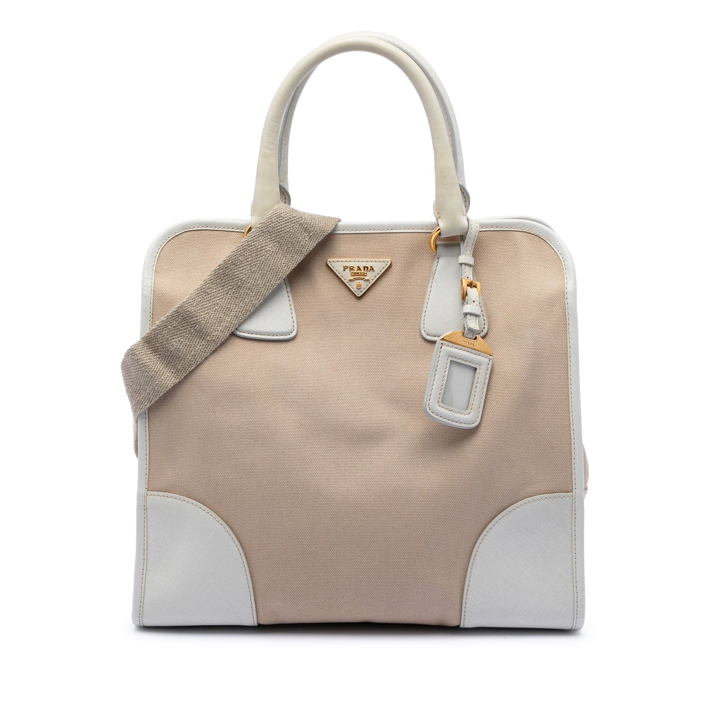 Prada Saffiano Trimmed Canvas Canapa Satchel