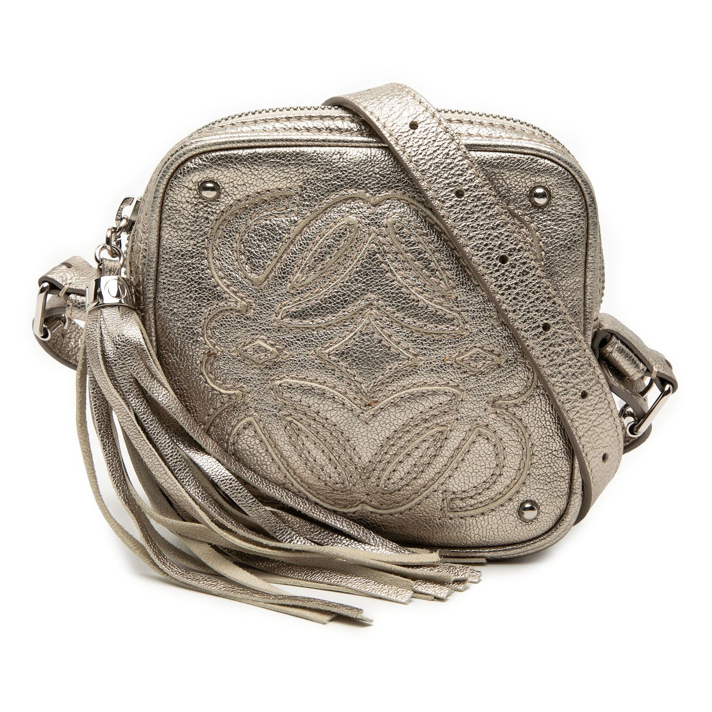 LOEWE Mini Metallic Goatskin Anagram Tassel Crossbody