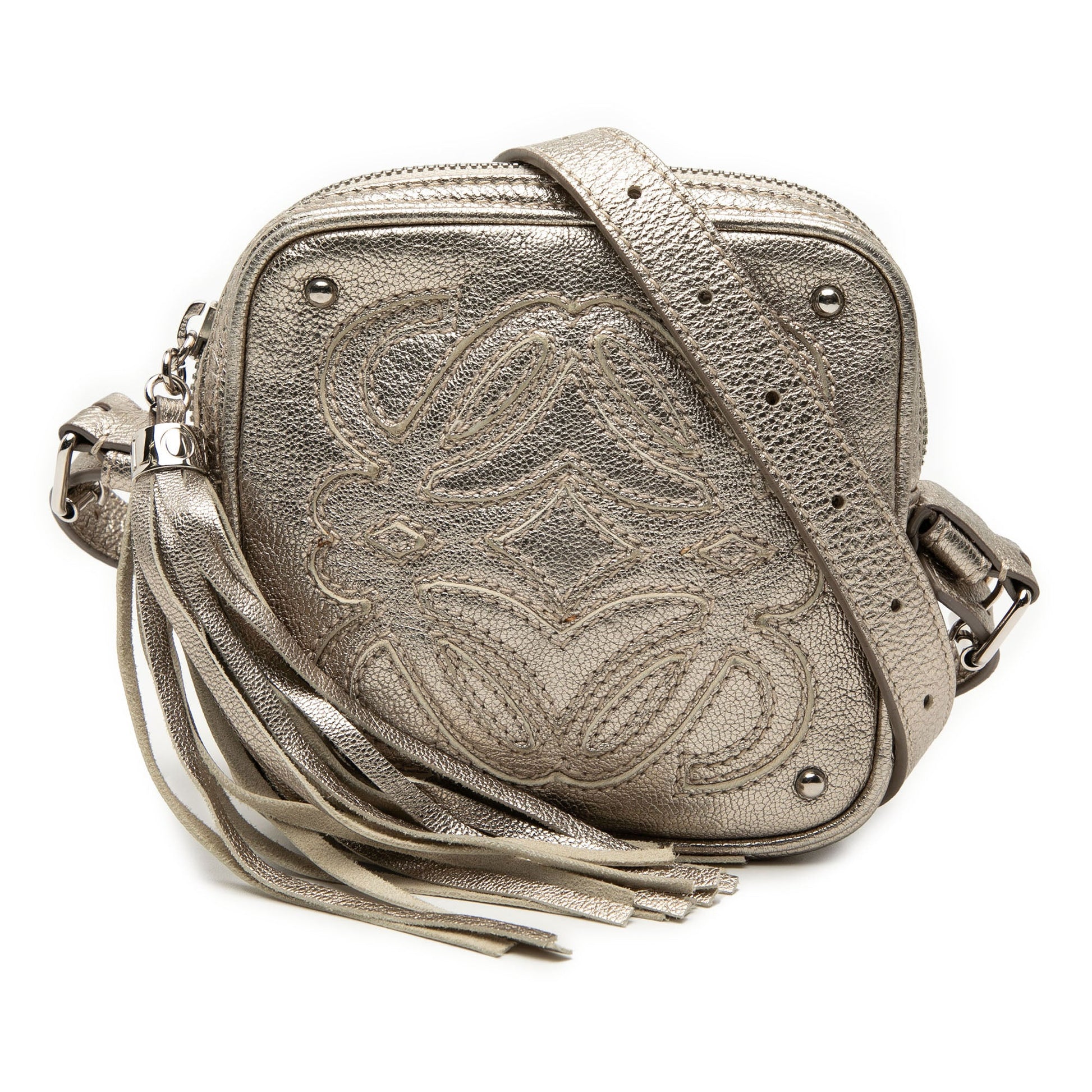 LOEWE Mini Metallic Goatskin Anagram Tassel Crossbody