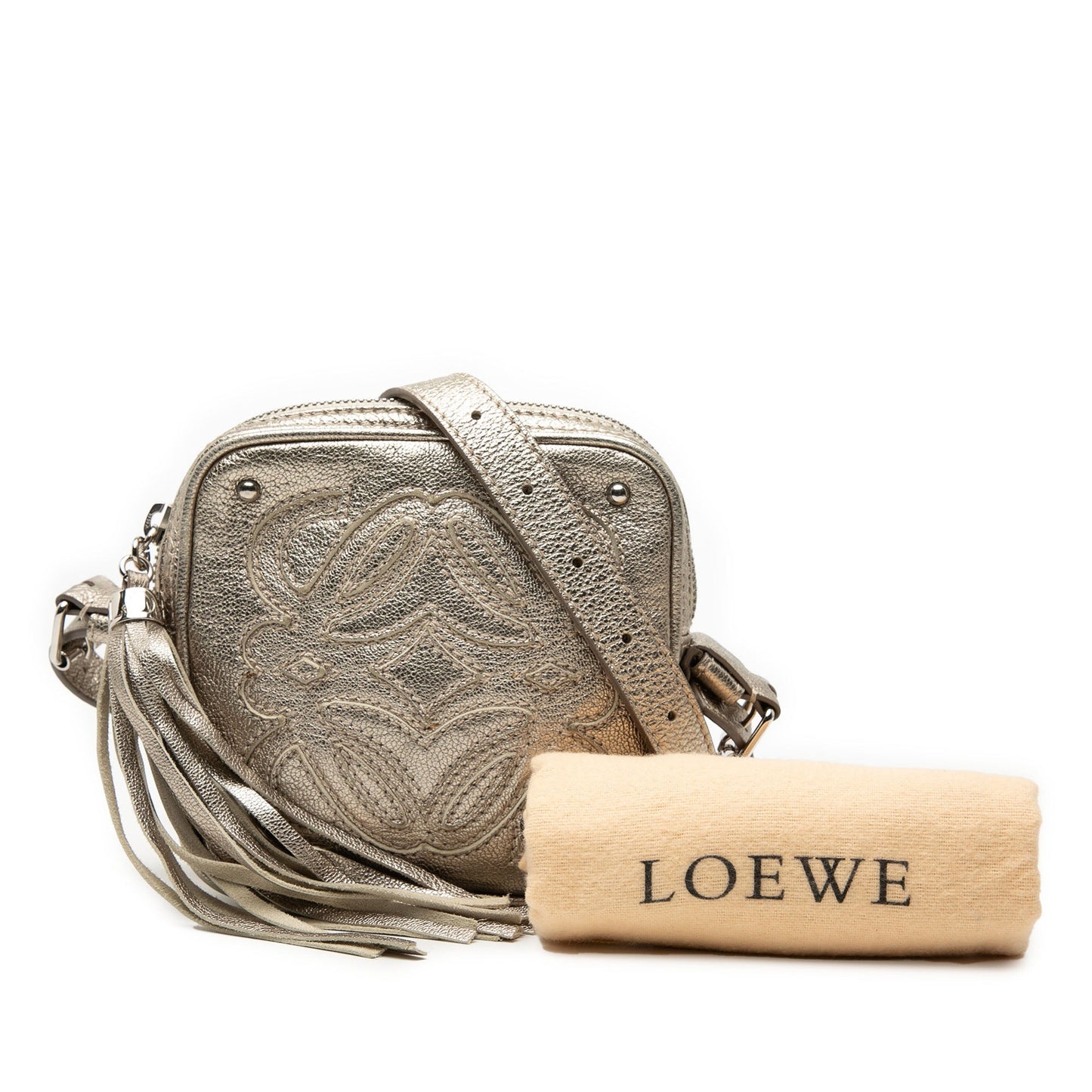 LOEWE Mini Metallic Goatskin Anagram Tassel Crossbody