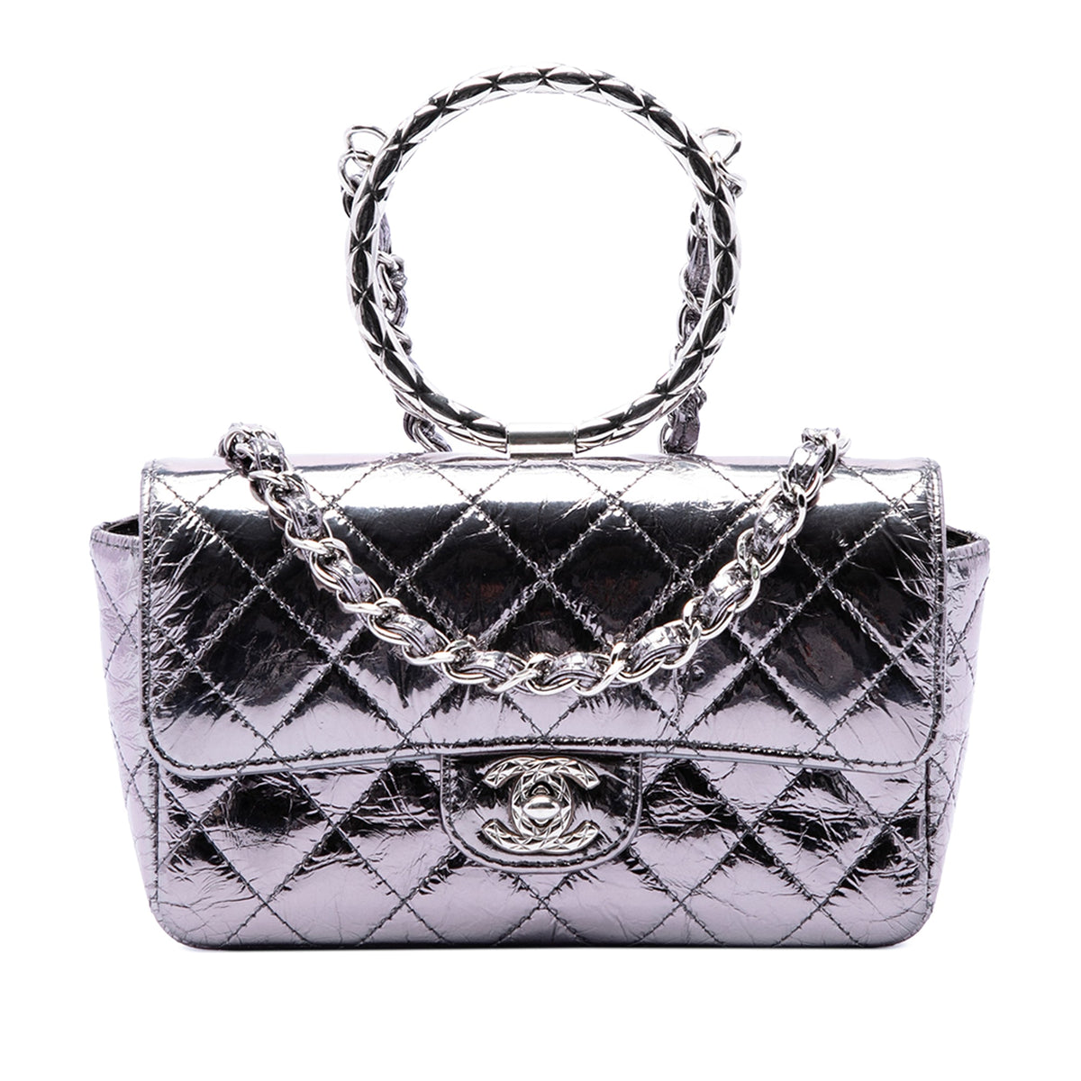 Chanel Mini Quilted Metallic Calfskin Ring Top Handle Flap