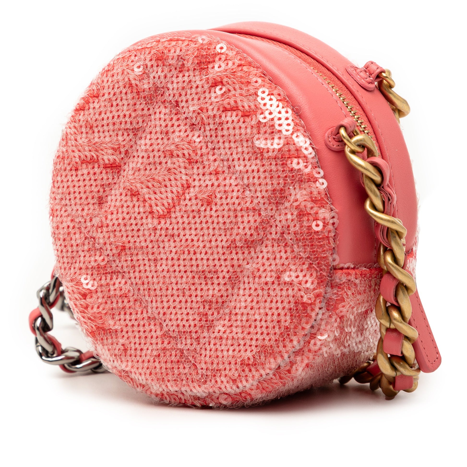 Sequin Lambskin 19 Round Clutch With Chain
