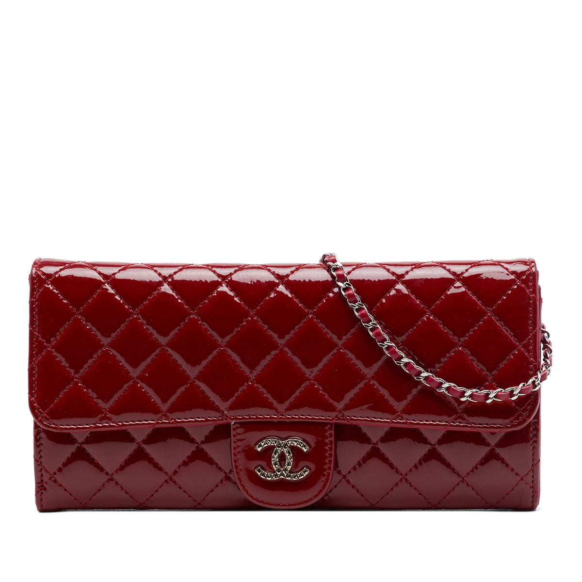 Chanel CC Quilted Patent Brilliant East West Wallet On Chain — Red