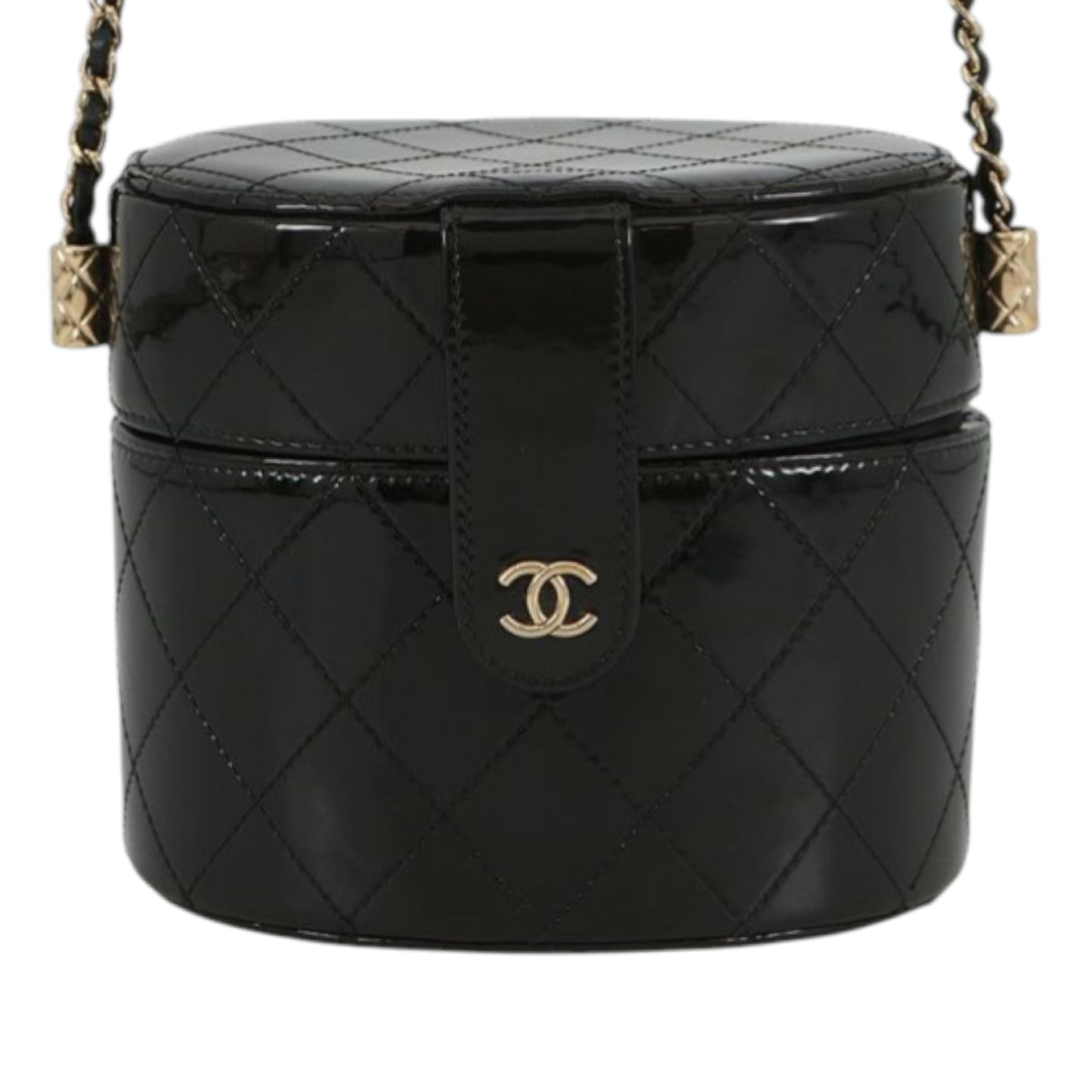 Chanel CC Quilted Patent Round Vanity Clutch With Chain
