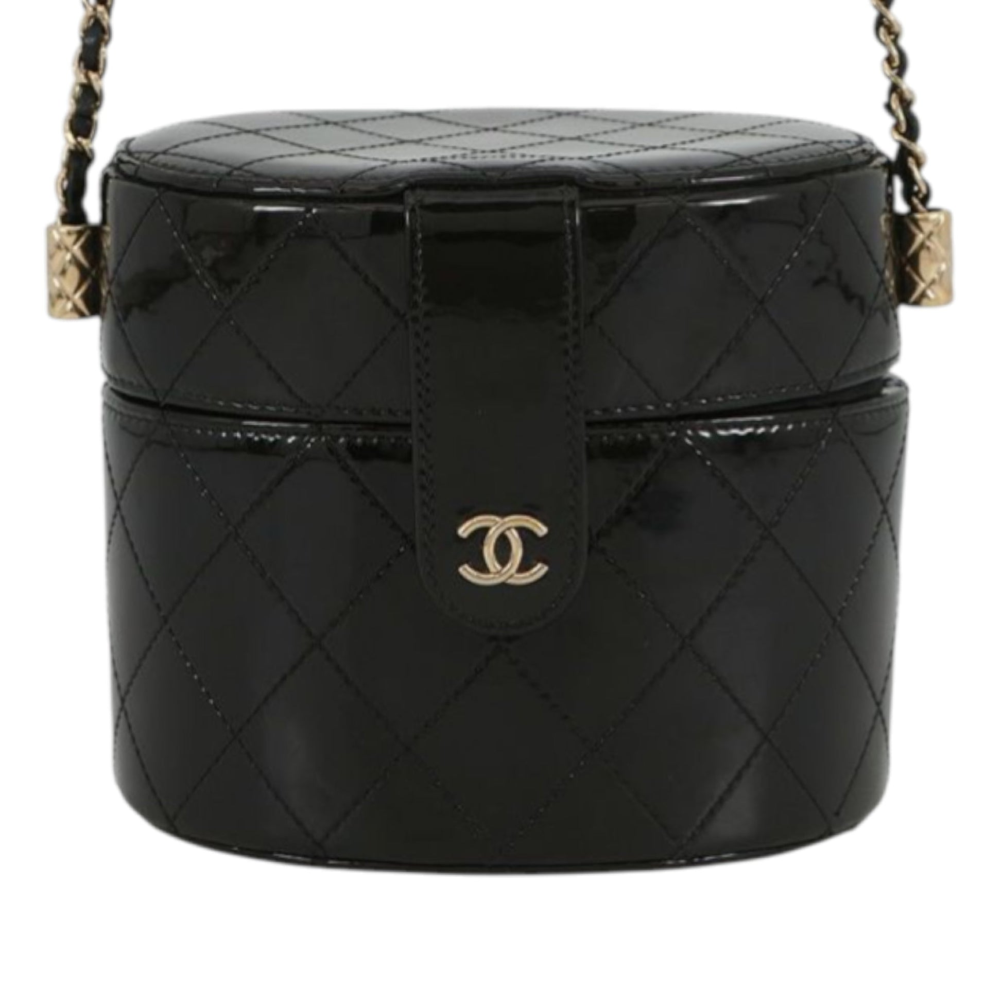Chanel CC Quilted Patent Round Vanity Clutch With Chain