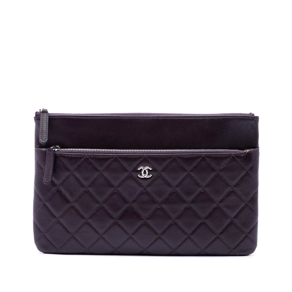 Chanel CC Quilted Lambskin Double Zip Clutch — Purple