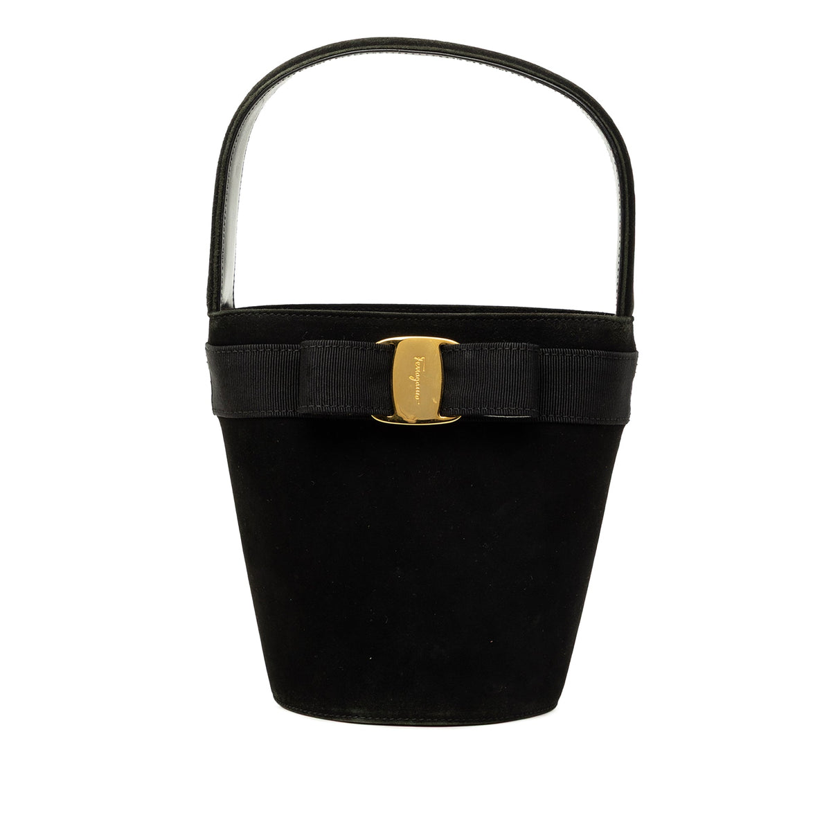 Ferragamo Suede Vara Bow Bucket Bag — Black
