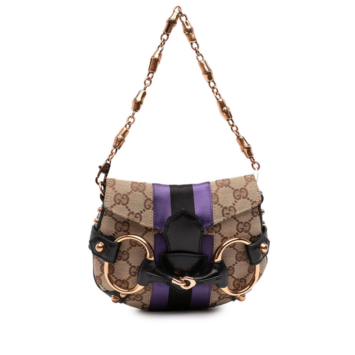 Gucci Mini GG Canvas Horsebit Web Chain Shoulder Bag — Beige