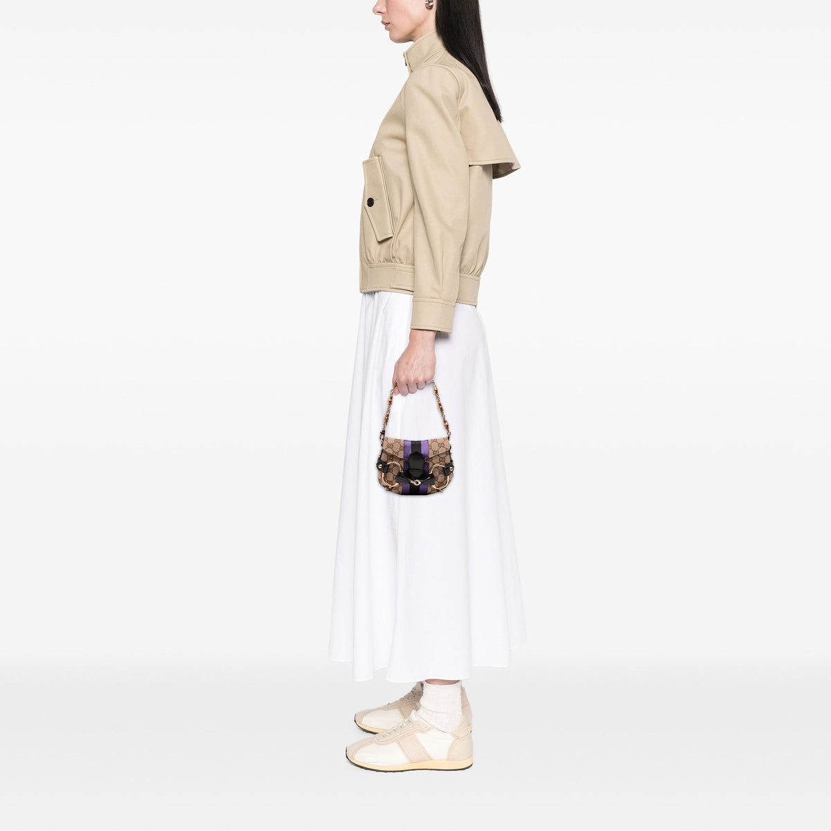 Gucci Mini GG Canvas Horsebit Web Chain Shoulder Bag — Beige
