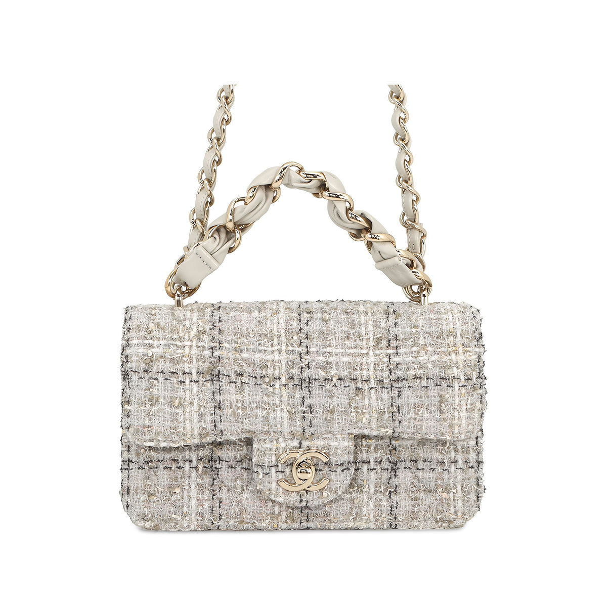 Chanel Mini CC Quilted Tweed Chain Handle Flap — Gray