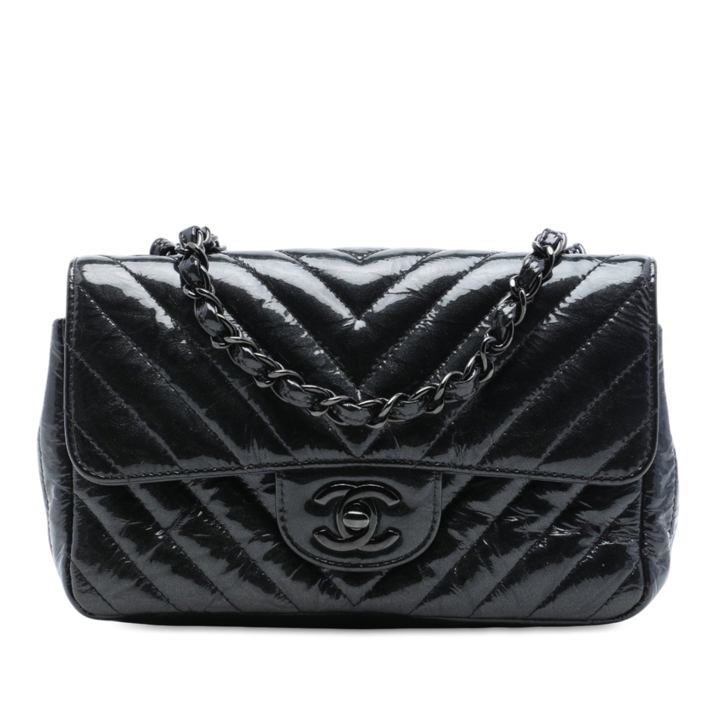 Chanel Mini Rectangular Classic Chevron Crumpled Patent So Black Single Flap