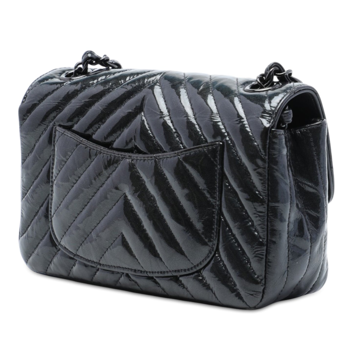 Chanel Mini Rectangular Classic Chevron Crumpled Patent So Black Single Flap
