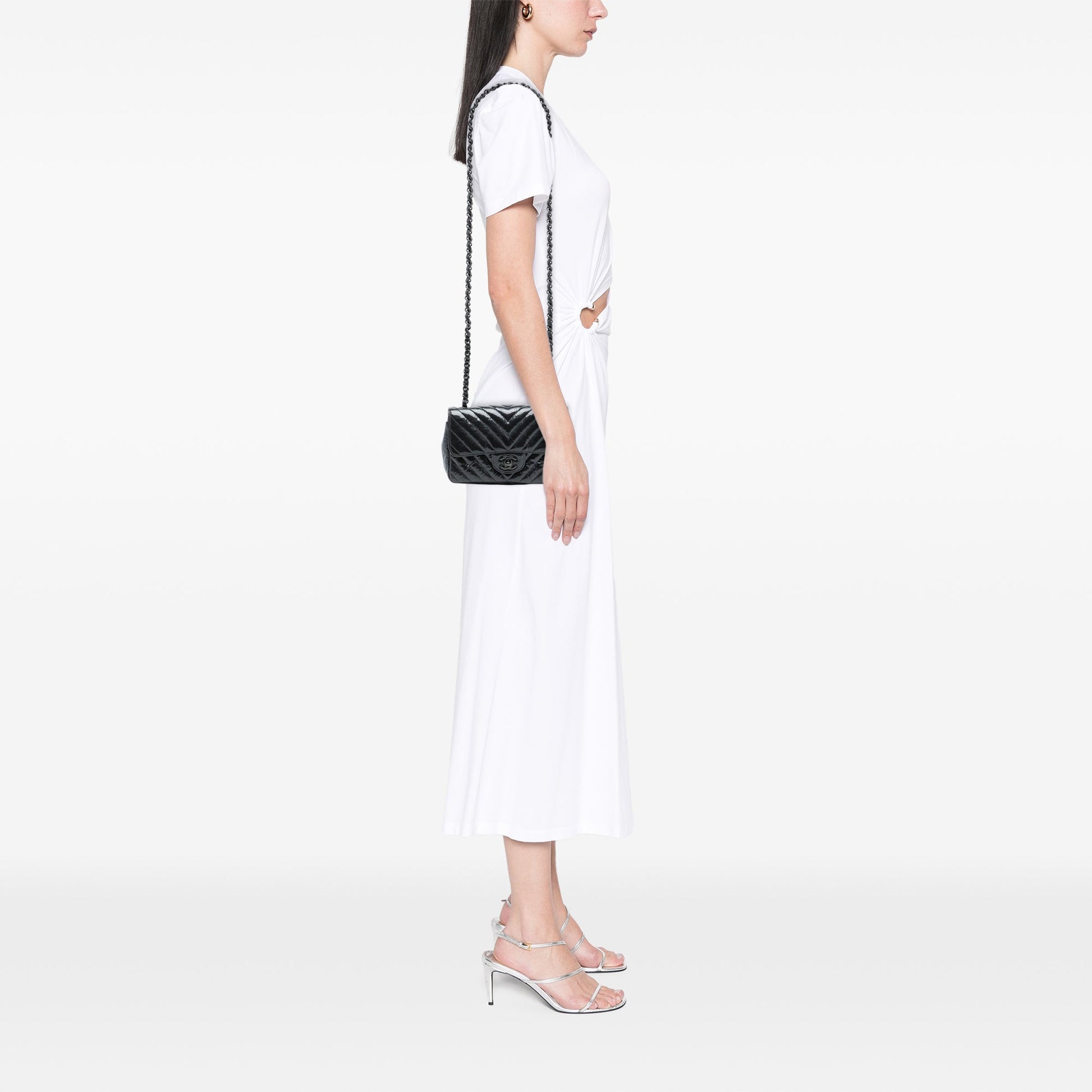 Chanel Mini Rectangular Classic Chevron Crumpled Patent So Black Single Flap