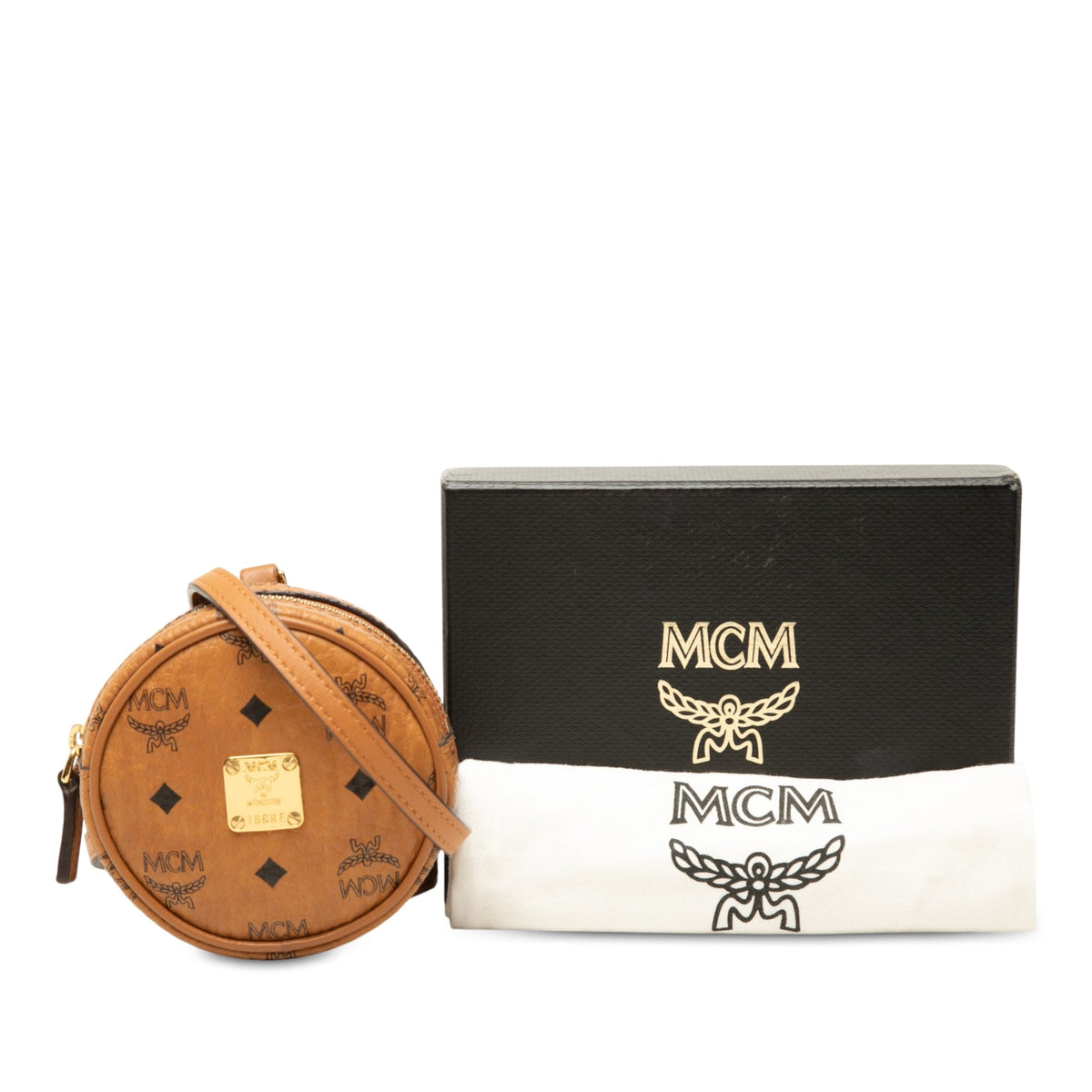 MCM Visetos Coated Canvas Round Coin Pouch with Strap