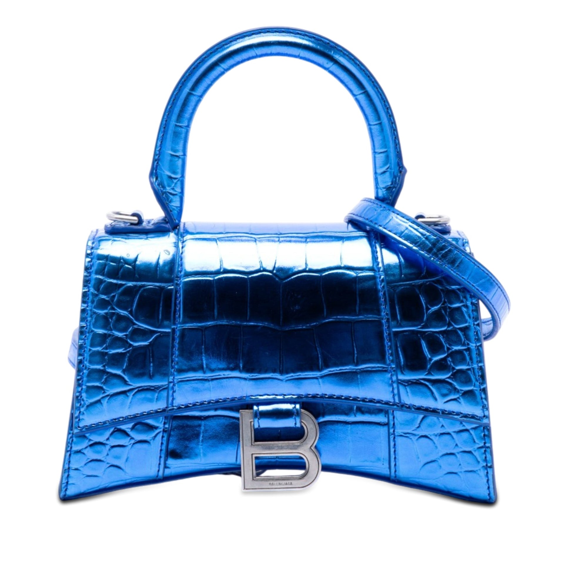 Balenciaga Metallic Calfskin Croc Embossed Hourglass Satchel XS