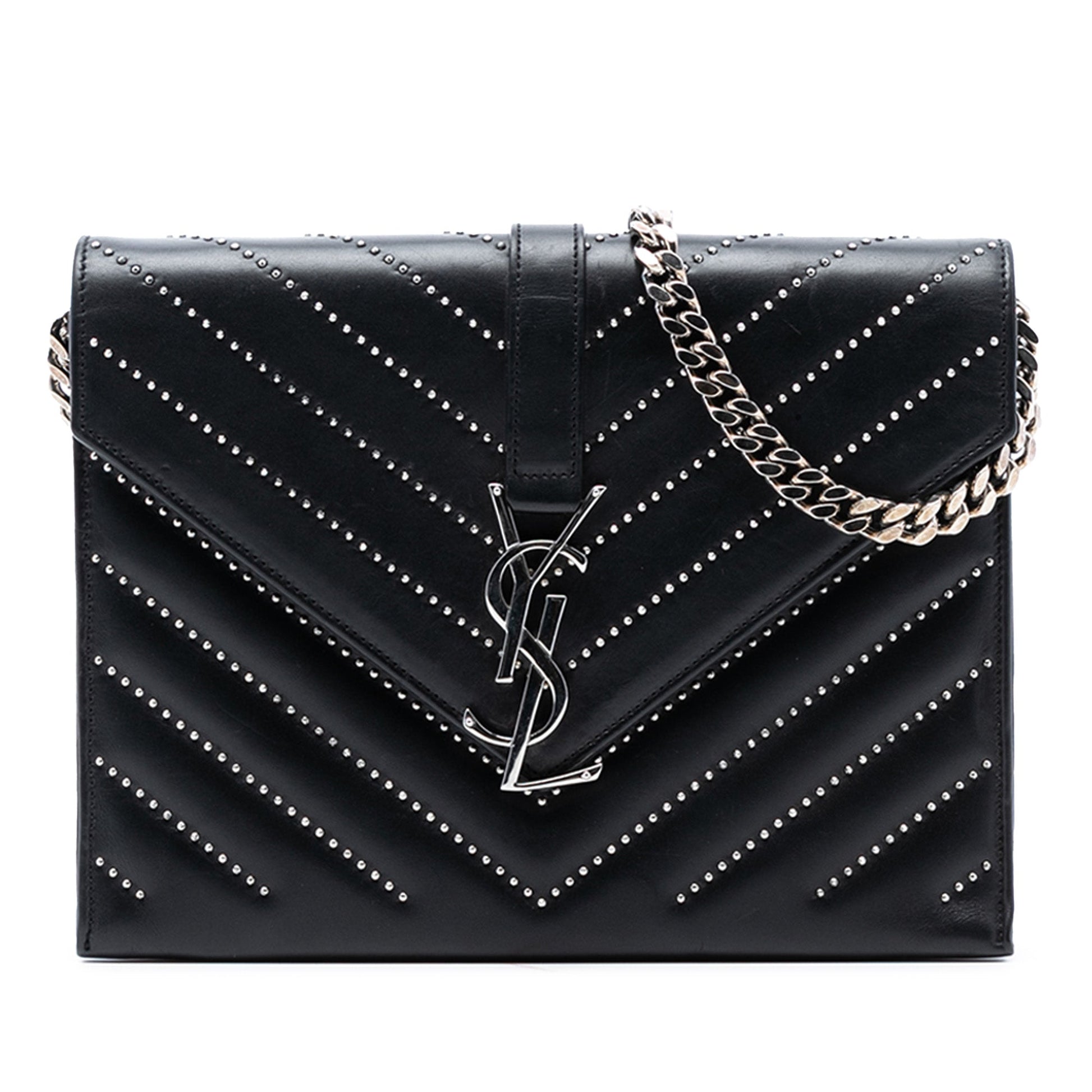 Saint Laurent Studded Chevron Calfskin Monogram Envelope Chain Flap