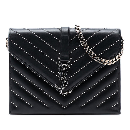Saint Laurent Studded Chevron Calfskin Monogram Envelope Chain Flap
