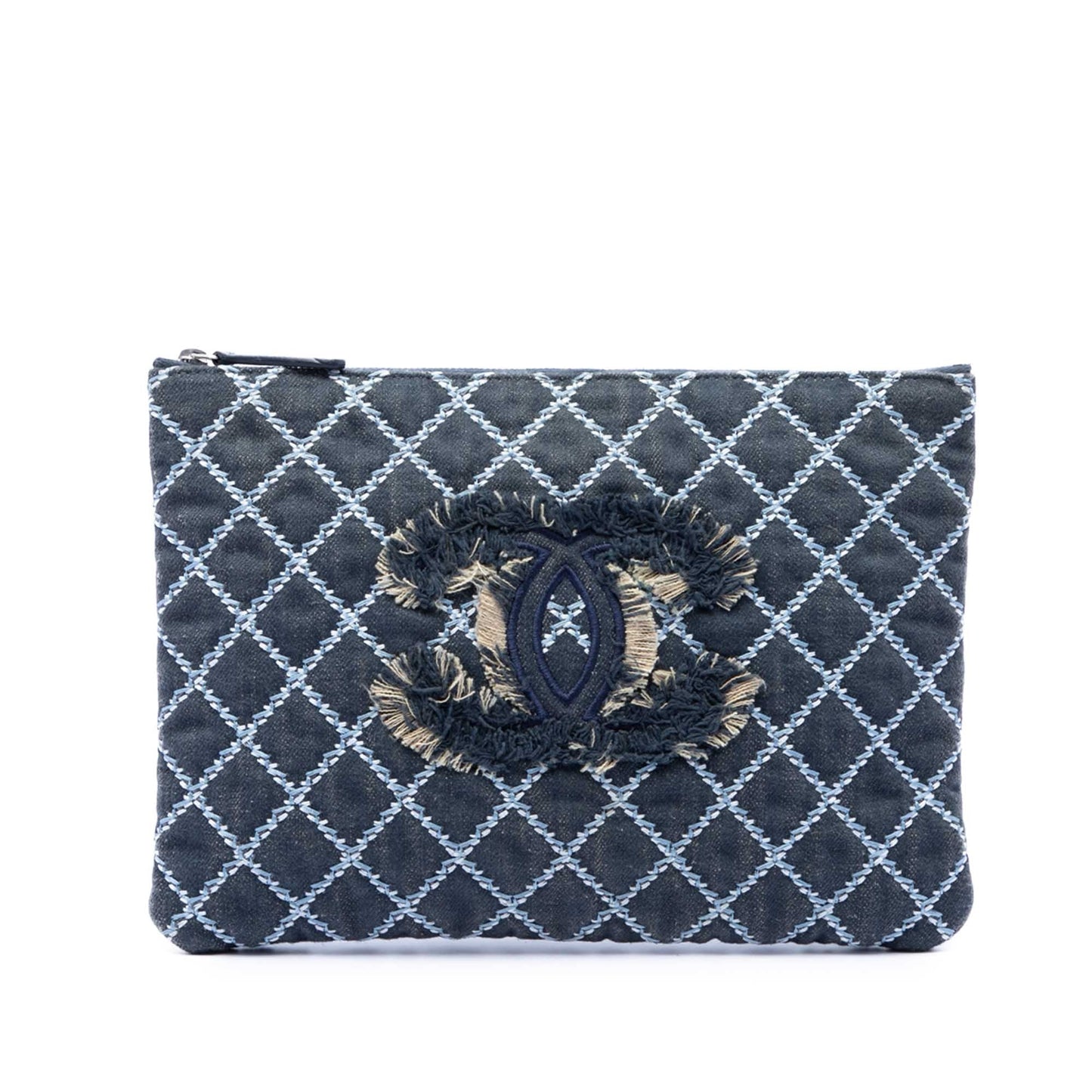Chanel Medium Quilted Denim Wild Stitch Fringe O Case Clutch