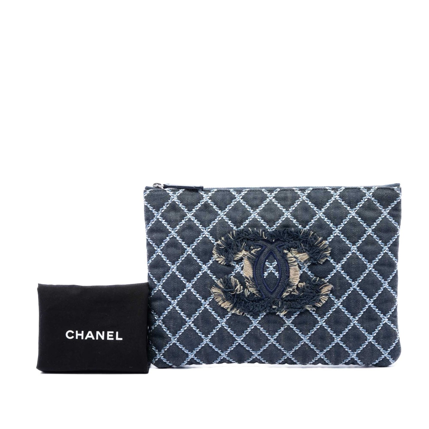 Chanel Medium Quilted Denim Wild Stitch Fringe O Case Clutch