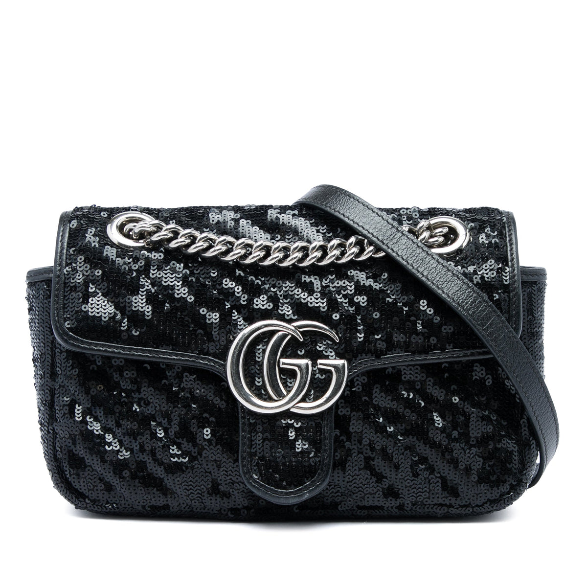 Gucci Small GG Marmont Matelasse Diagonal Sequin and Calfskin Torchon Shoulder Bag — Black