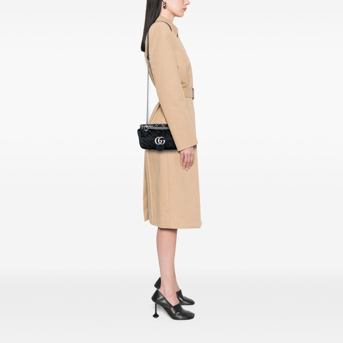 Gucci Small GG Marmont Matelasse Diagonal Sequin and Calfskin Torchon Shoulder Bag — Black