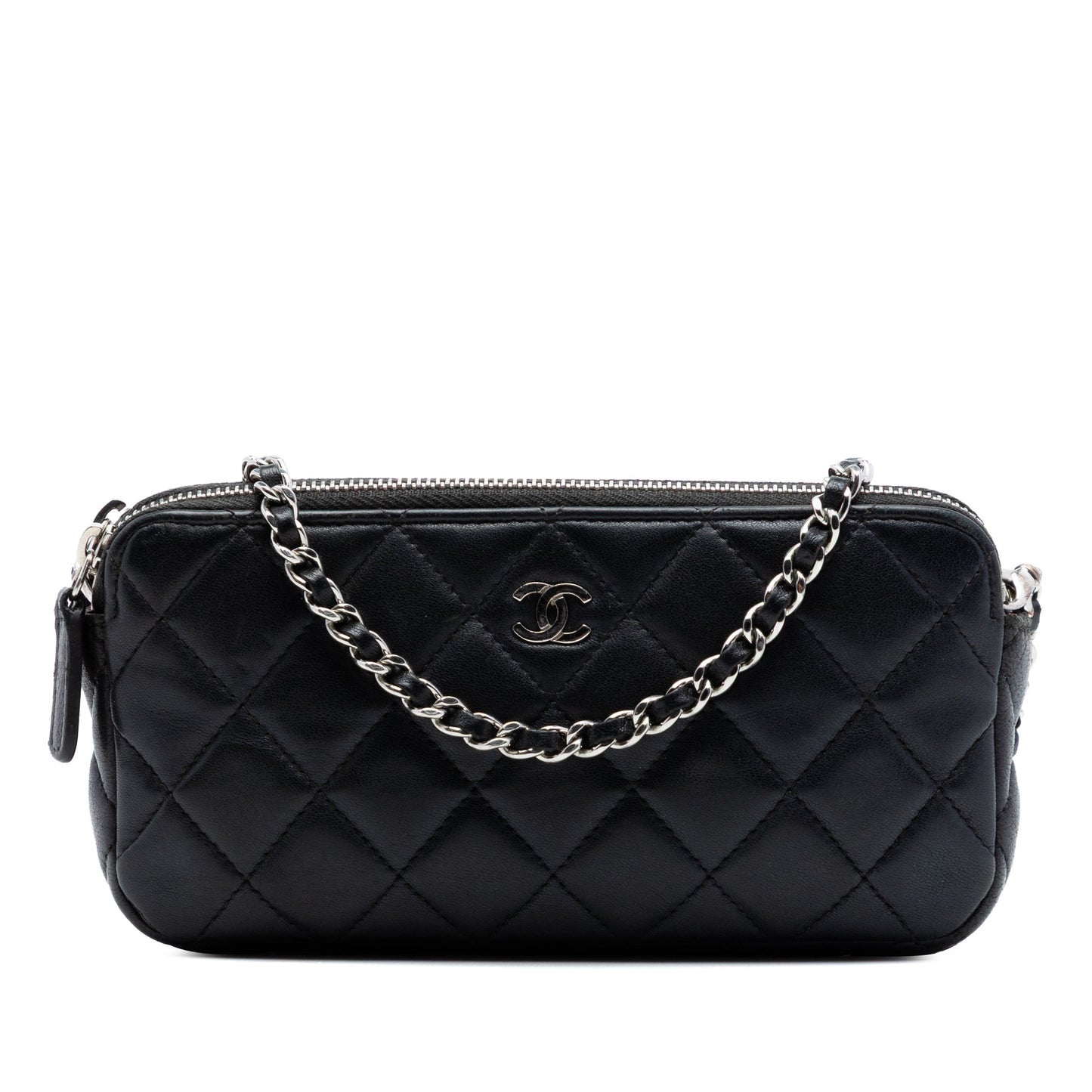 Chanel CC Quilted Lambskin Double Zip Clutch With Chain