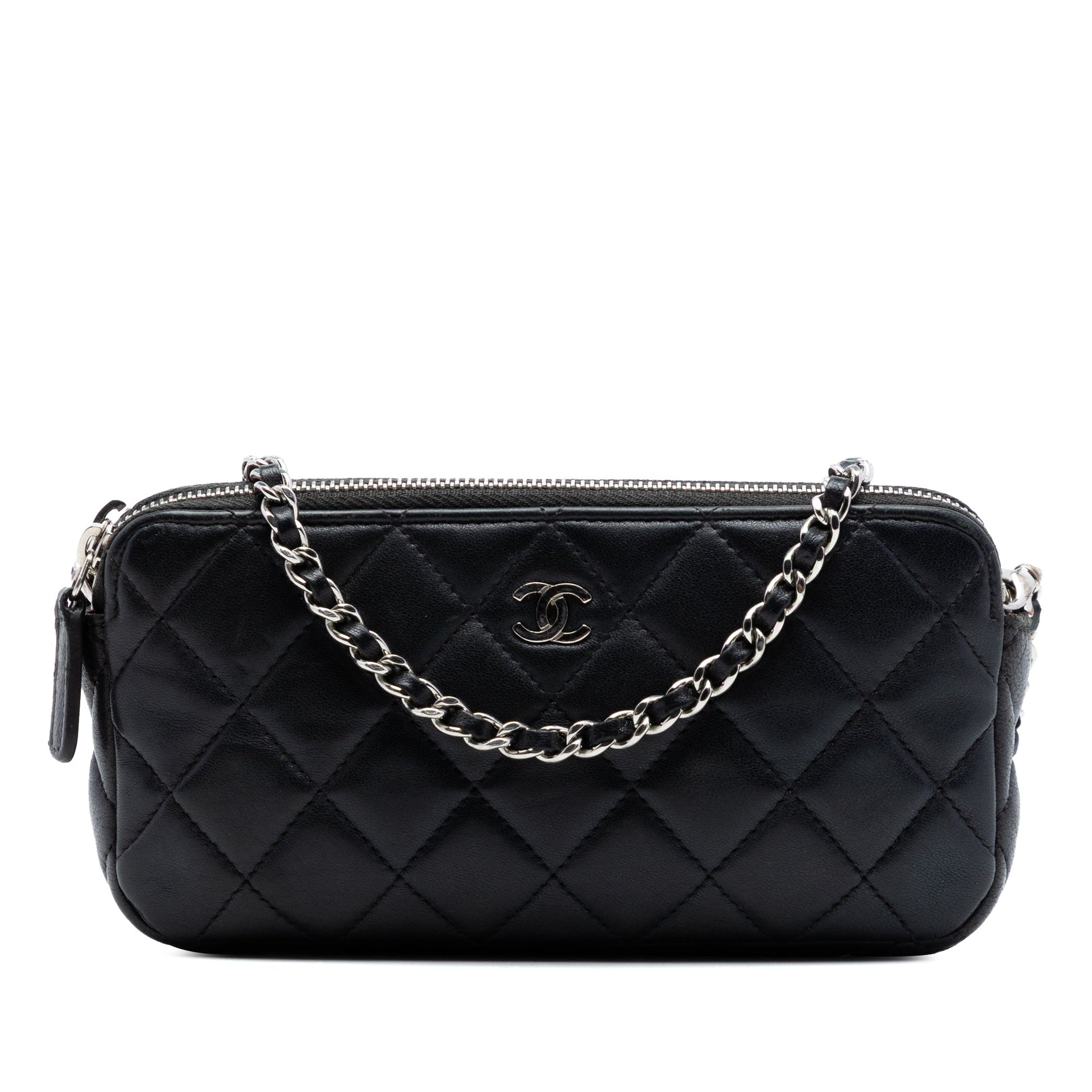 Chanel CC Quilted Lambskin Double Zip Clutch With Chain