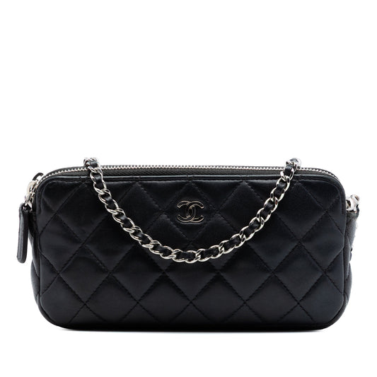 Chanel CC Quilted Lambskin Double Zip Clutch With Chain