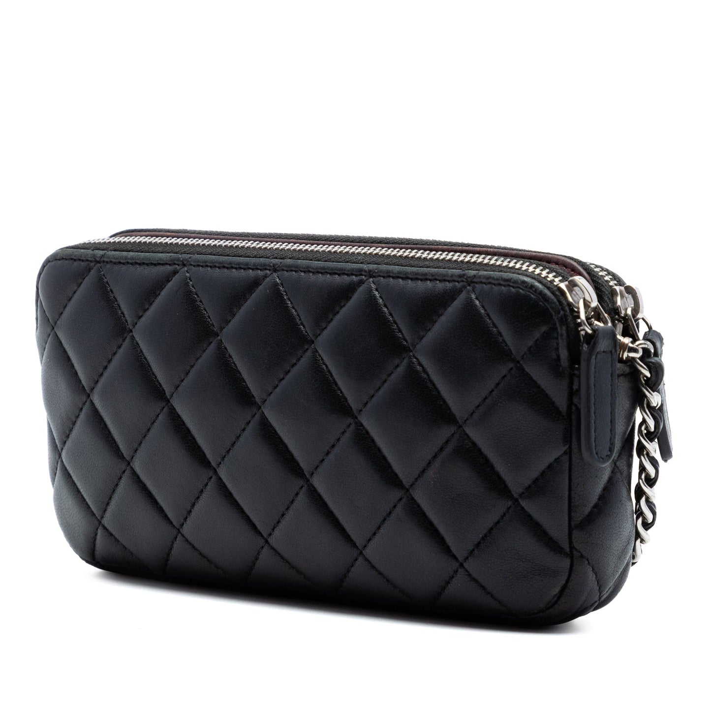 Chanel CC Quilted Lambskin Double Zip Clutch With Chain