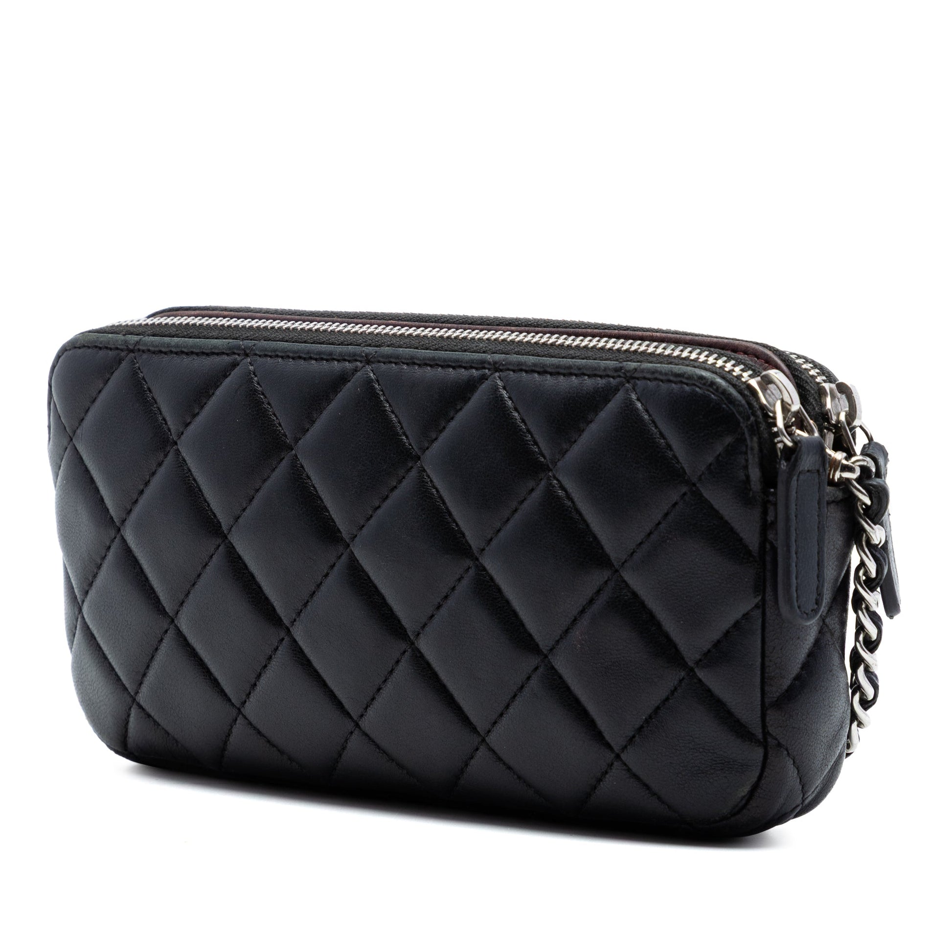 Chanel CC Quilted Lambskin Double Zip Clutch With Chain
