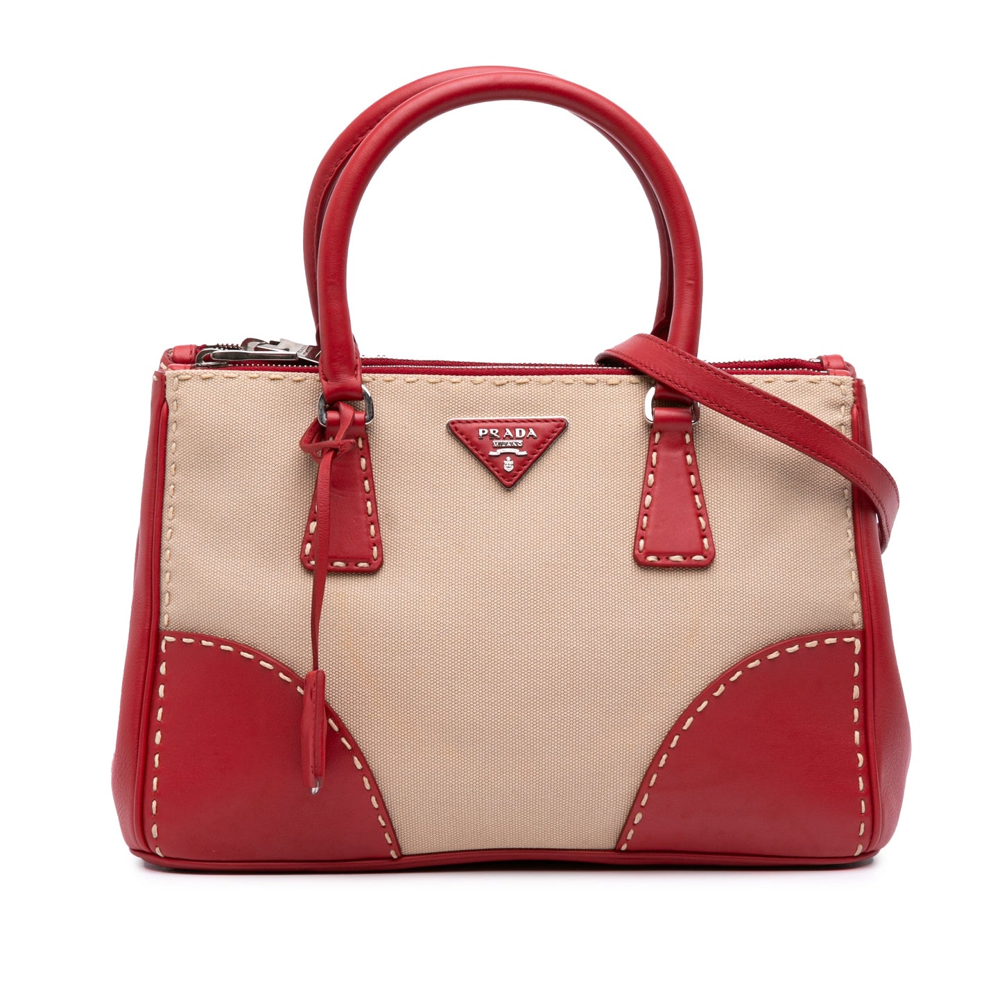 Prada Small Canvas and City Calf Hand Stitched Galleria Double Zip Satchel
