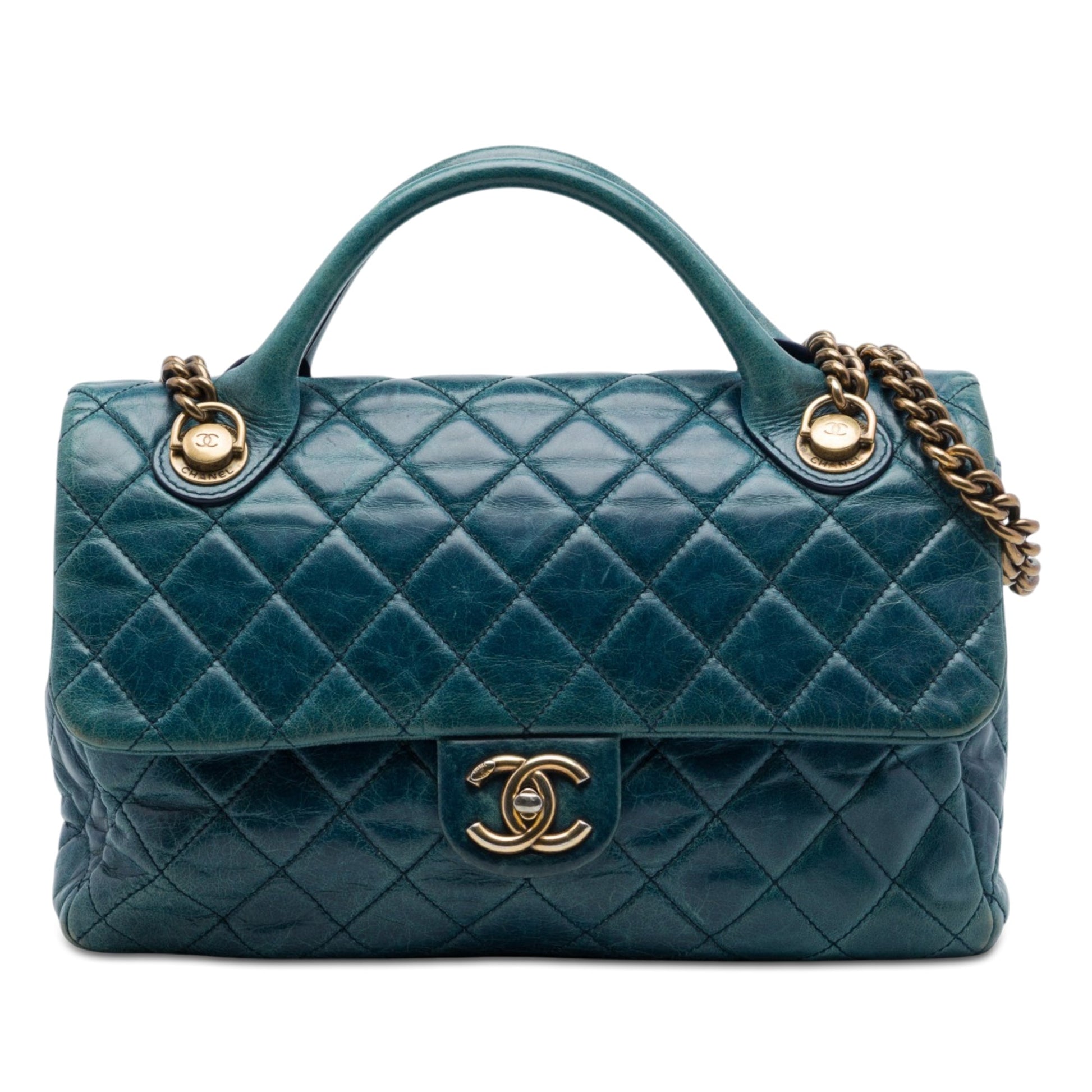 Chanel Medium Glazed Calfskin Castle Rock Top Handle Flap