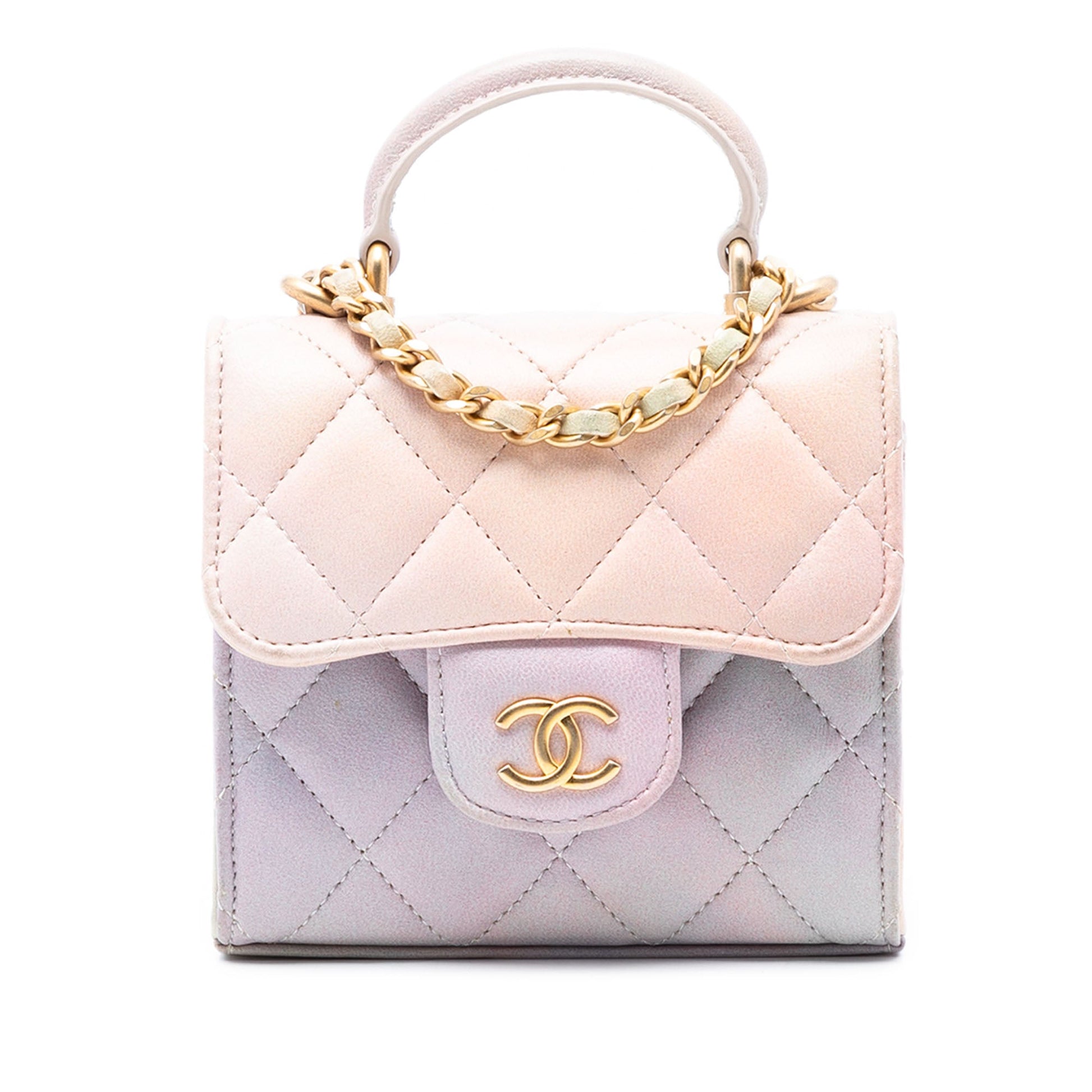 Chanel CC Quilted Lambskin Ombre Top Handle Flap Clutch With Chain