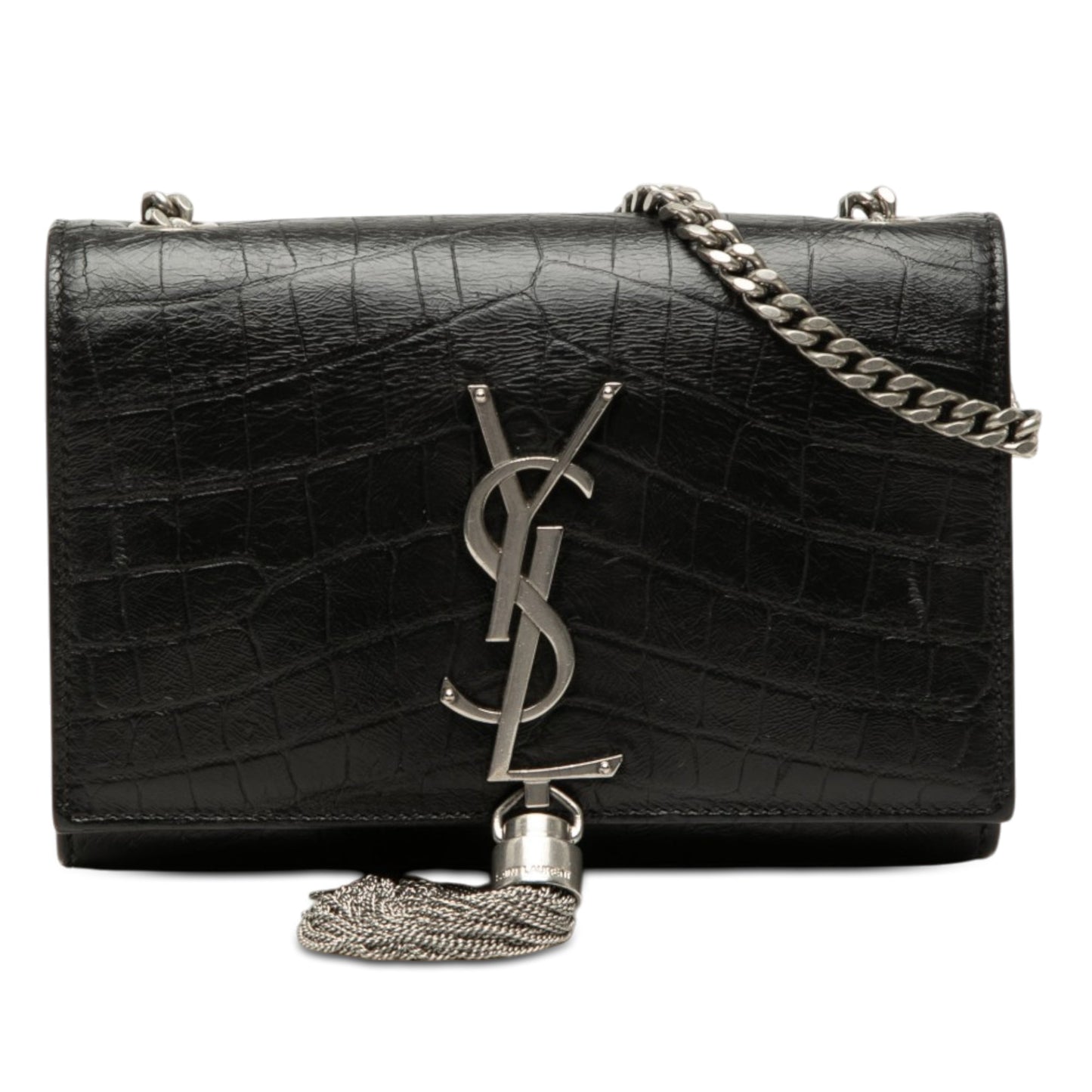 Saint Laurent Small Croc Embossed Leather Monogram Kate Tassel Crossbody