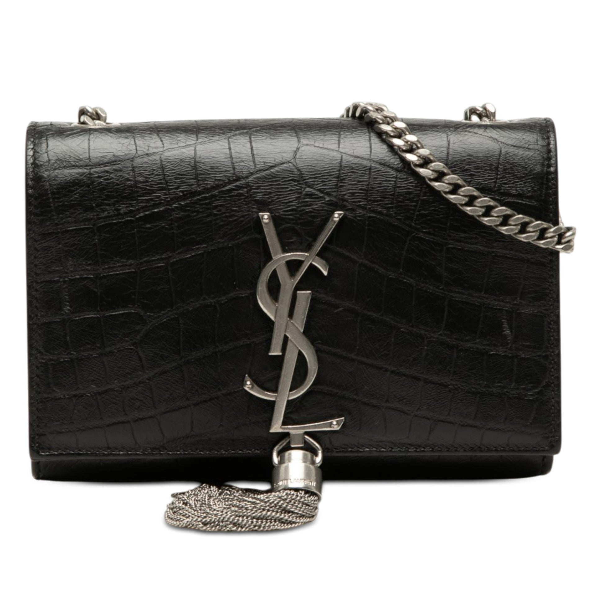Saint Laurent Small Croc Embossed Leather Monogram Kate Tassel Crossbody