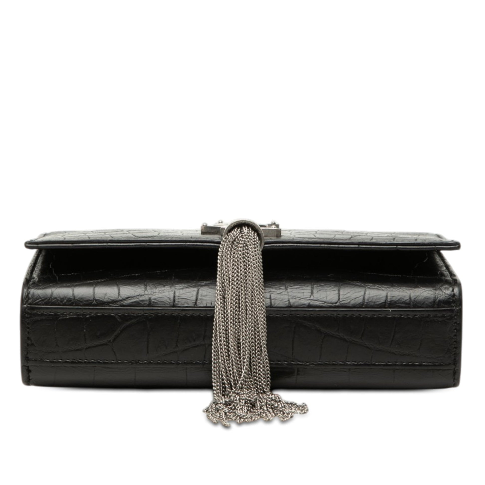 Saint Laurent Small Croc Embossed Leather Monogram Kate Tassel Crossbody