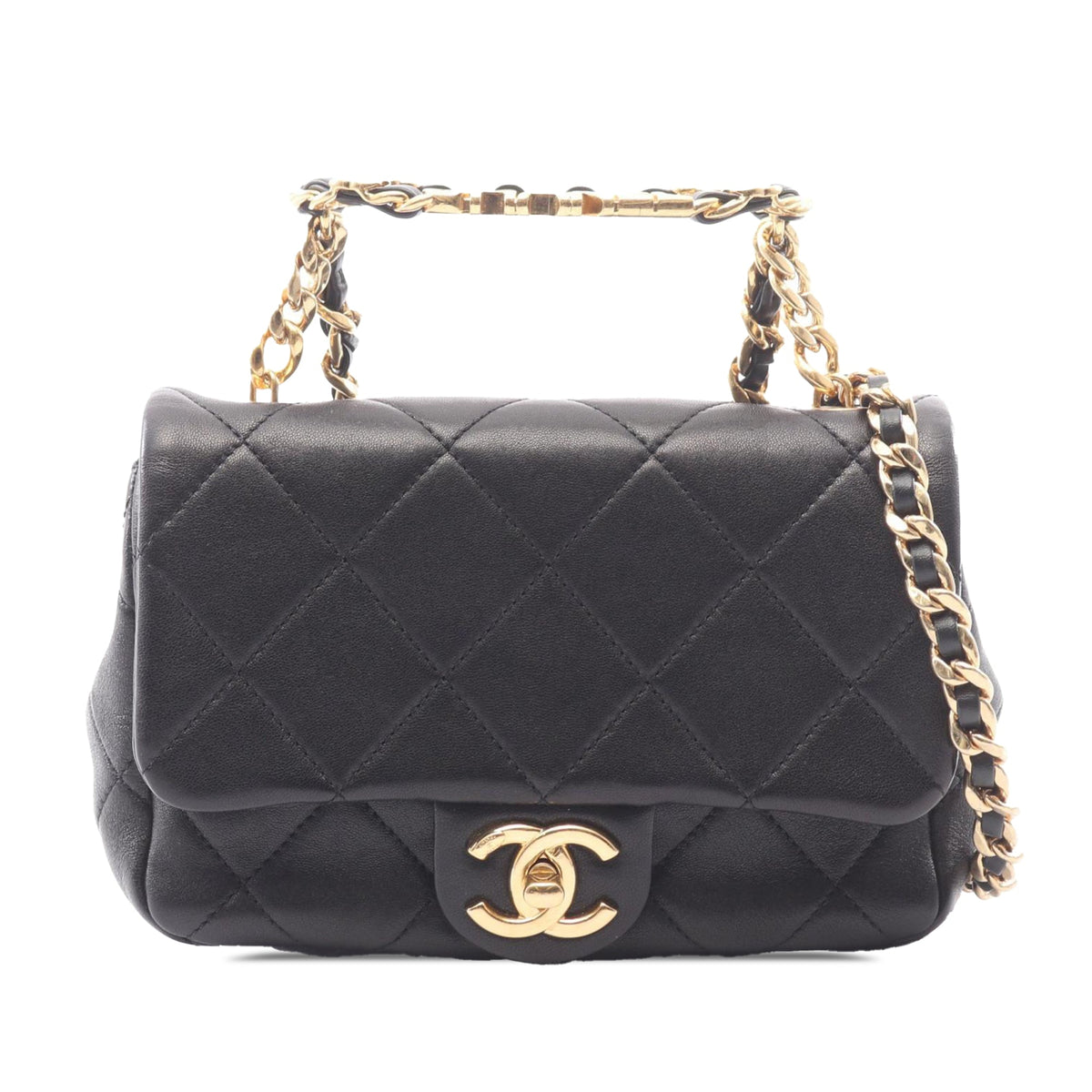 Chanel Quilted Lambskin Oval Logo Chain Top Handle Flap