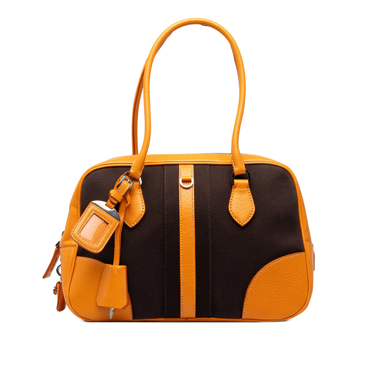 Prada Leather Trimmed Canvas Canapa Bauletto Bag — Brown