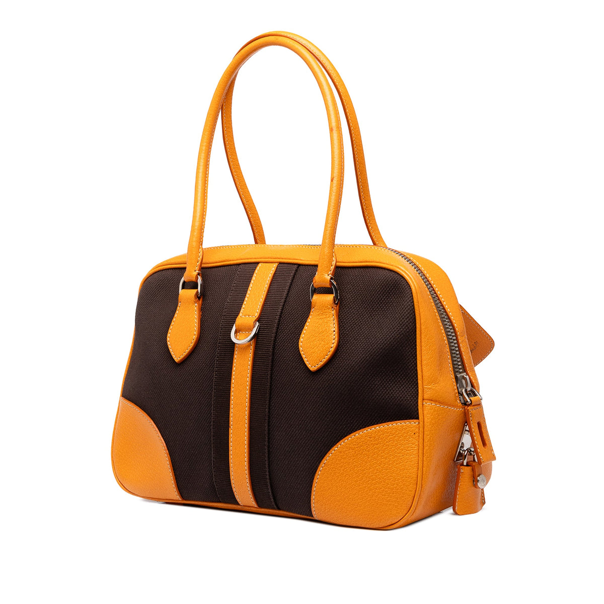 Prada Leather Trimmed Canvas Canapa Bauletto Bag — Brown