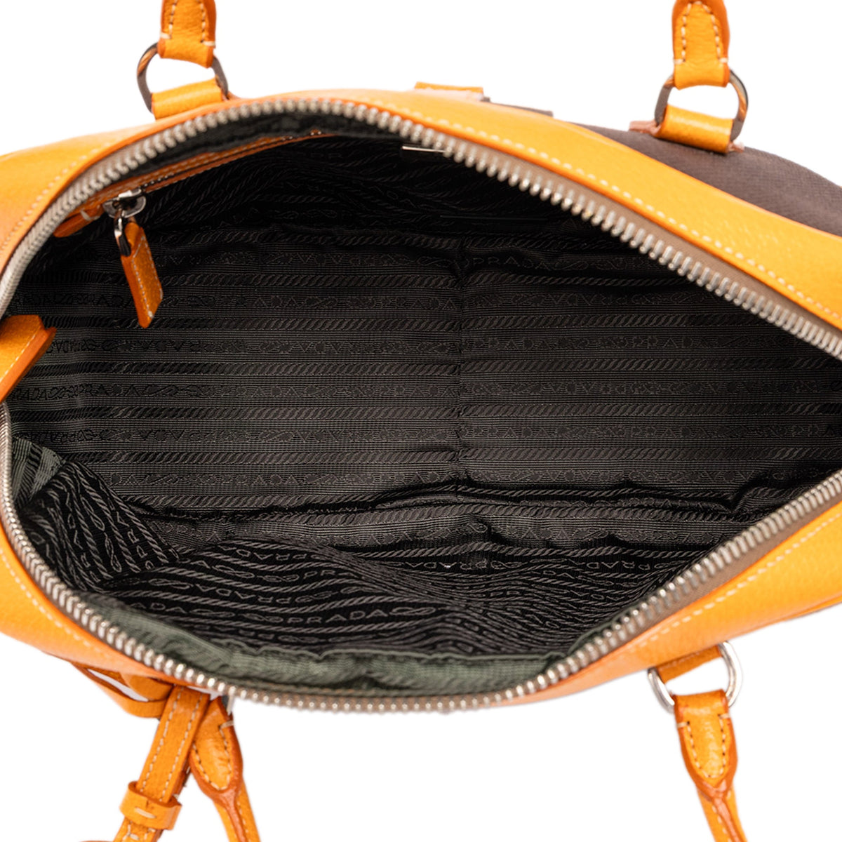 Prada Leather Trimmed Canvas Canapa Bauletto Bag — Brown