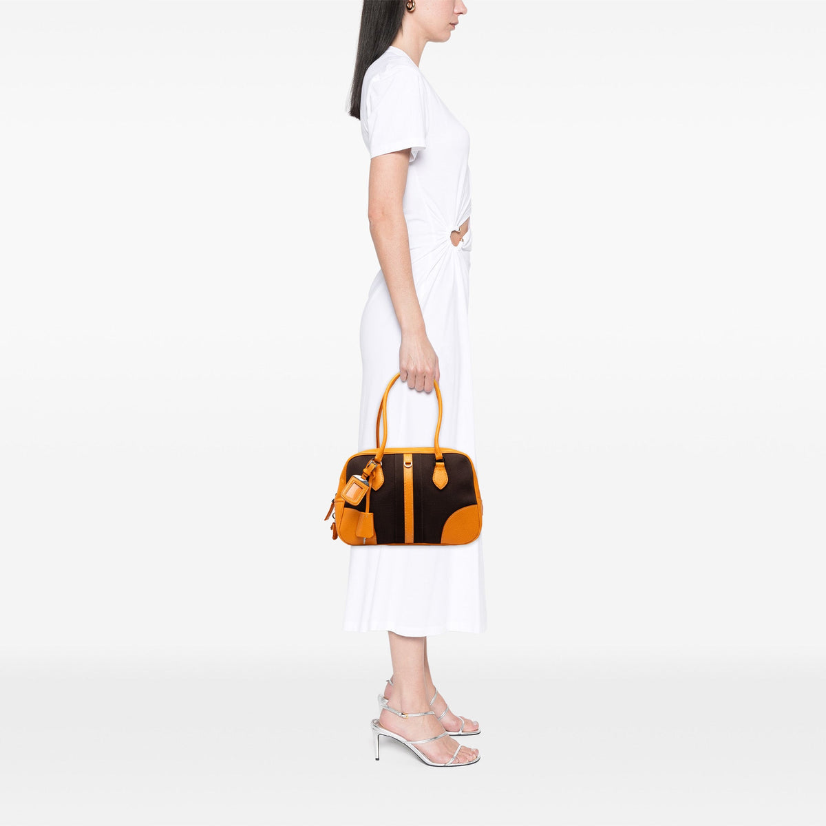 Prada Leather Trimmed Canvas Canapa Bauletto Bag — Brown