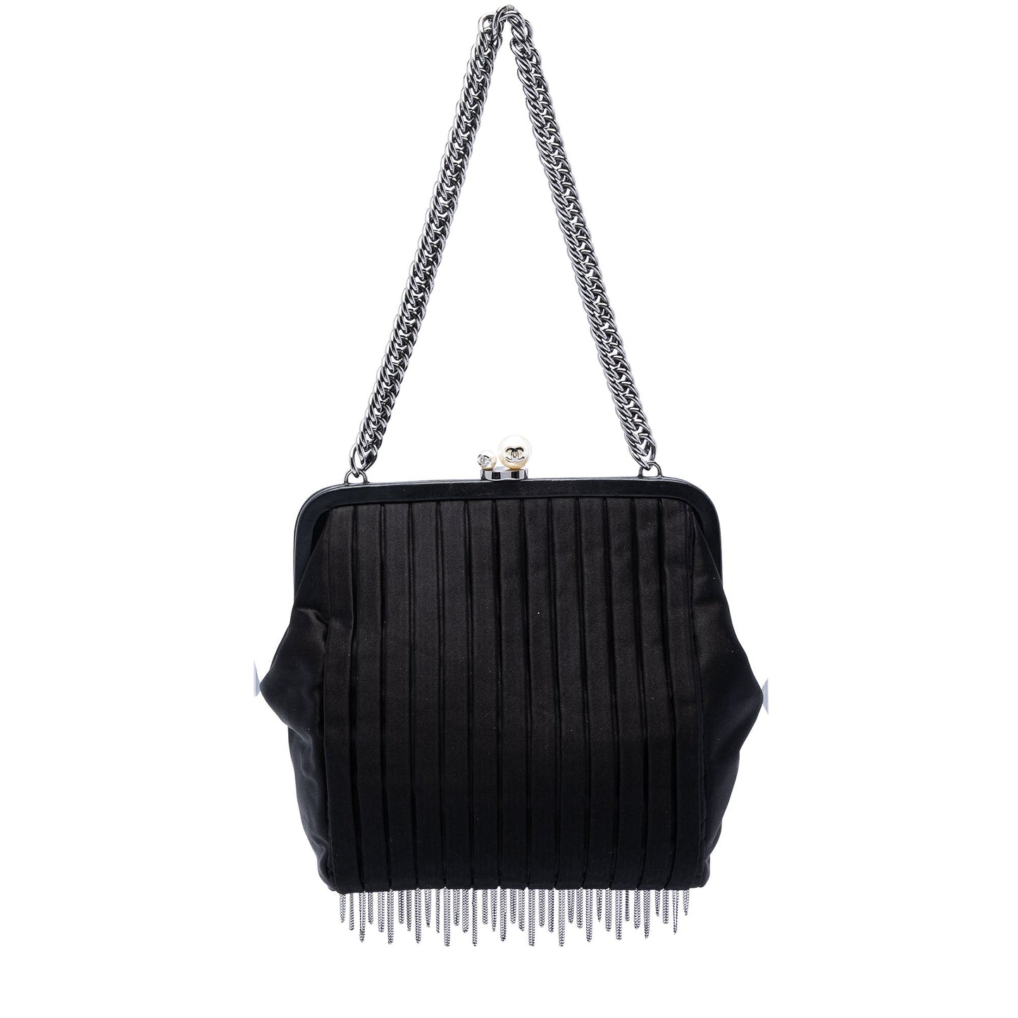 Chanel Pleated Satin Frame Pearl Chain Fringe Shoulder Bag