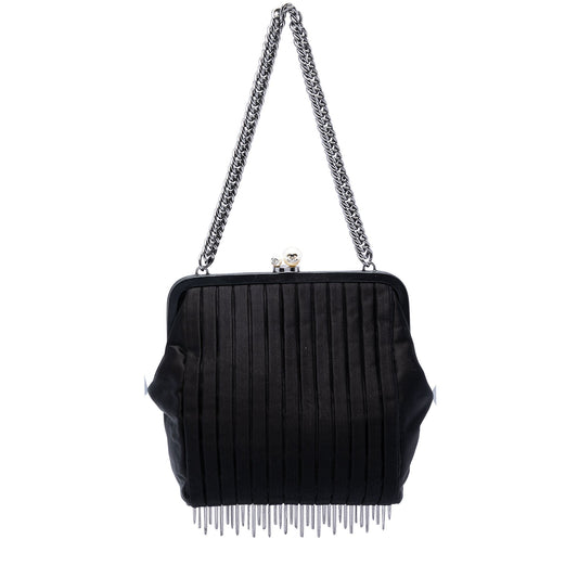 Chanel Pleated Satin Frame Pearl Chain Fringe Shoulder Bag