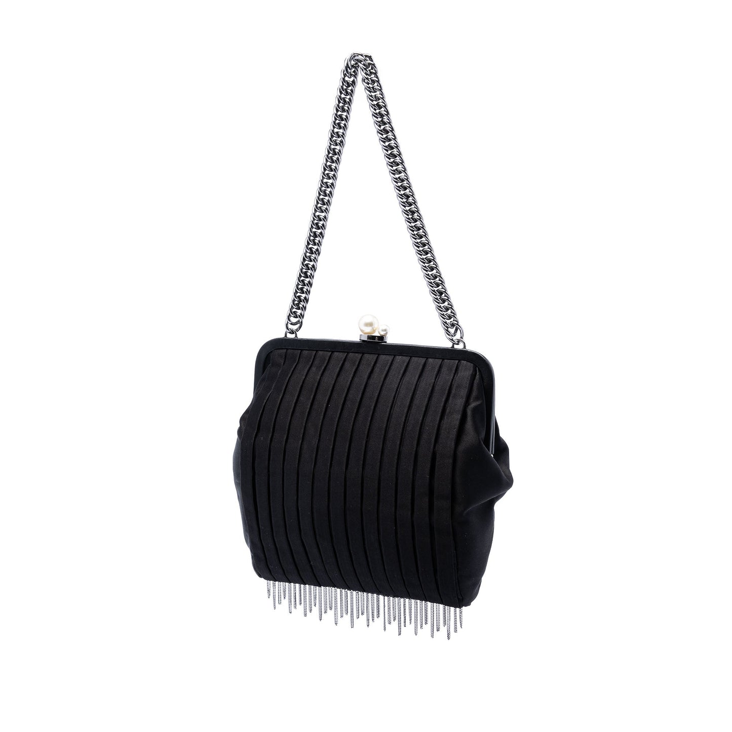 Chanel Pleated Satin Frame Pearl Chain Fringe Shoulder Bag
