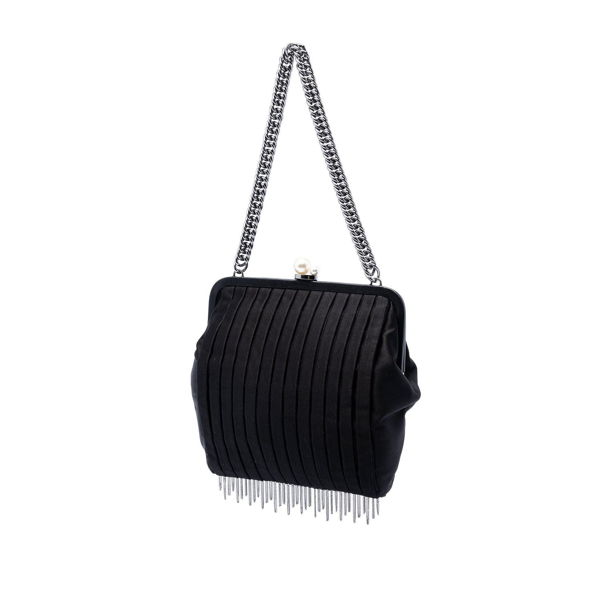 Chanel Pleated Satin Frame Pearl Chain Fringe Shoulder Bag